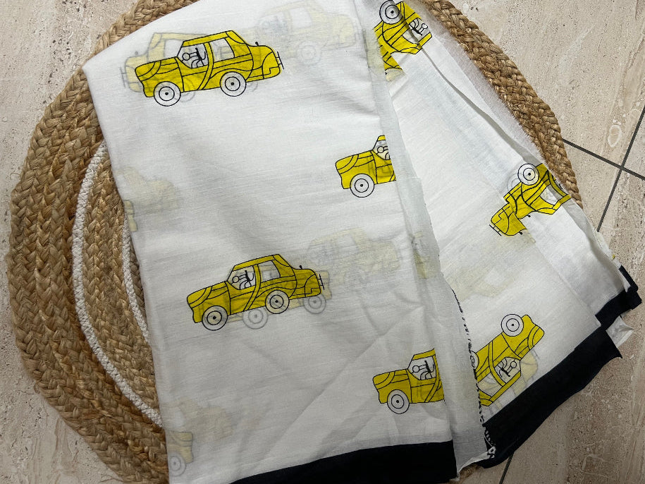 Car motif - Quirky print mul cotton saree