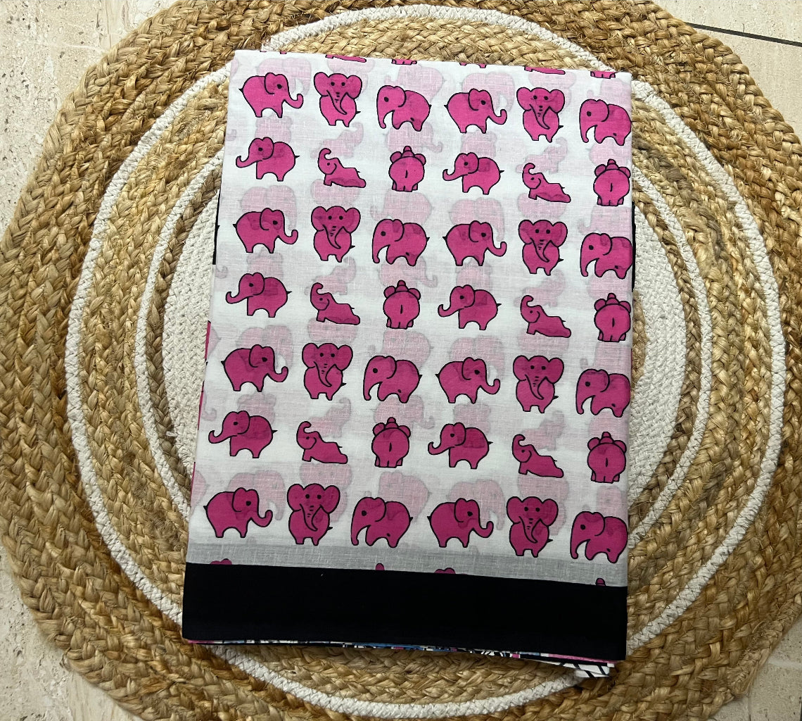 Pink elephant - Quirky print mul cotton saree