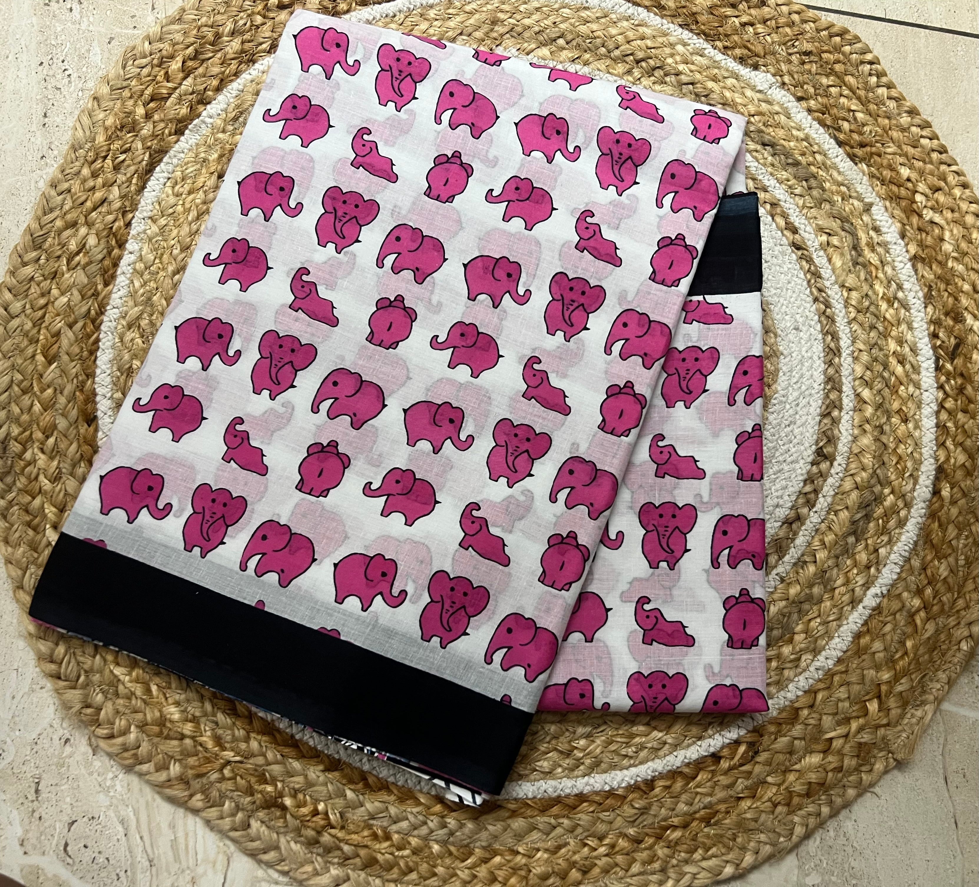 Pink elephant - Quirky print mul cotton saree