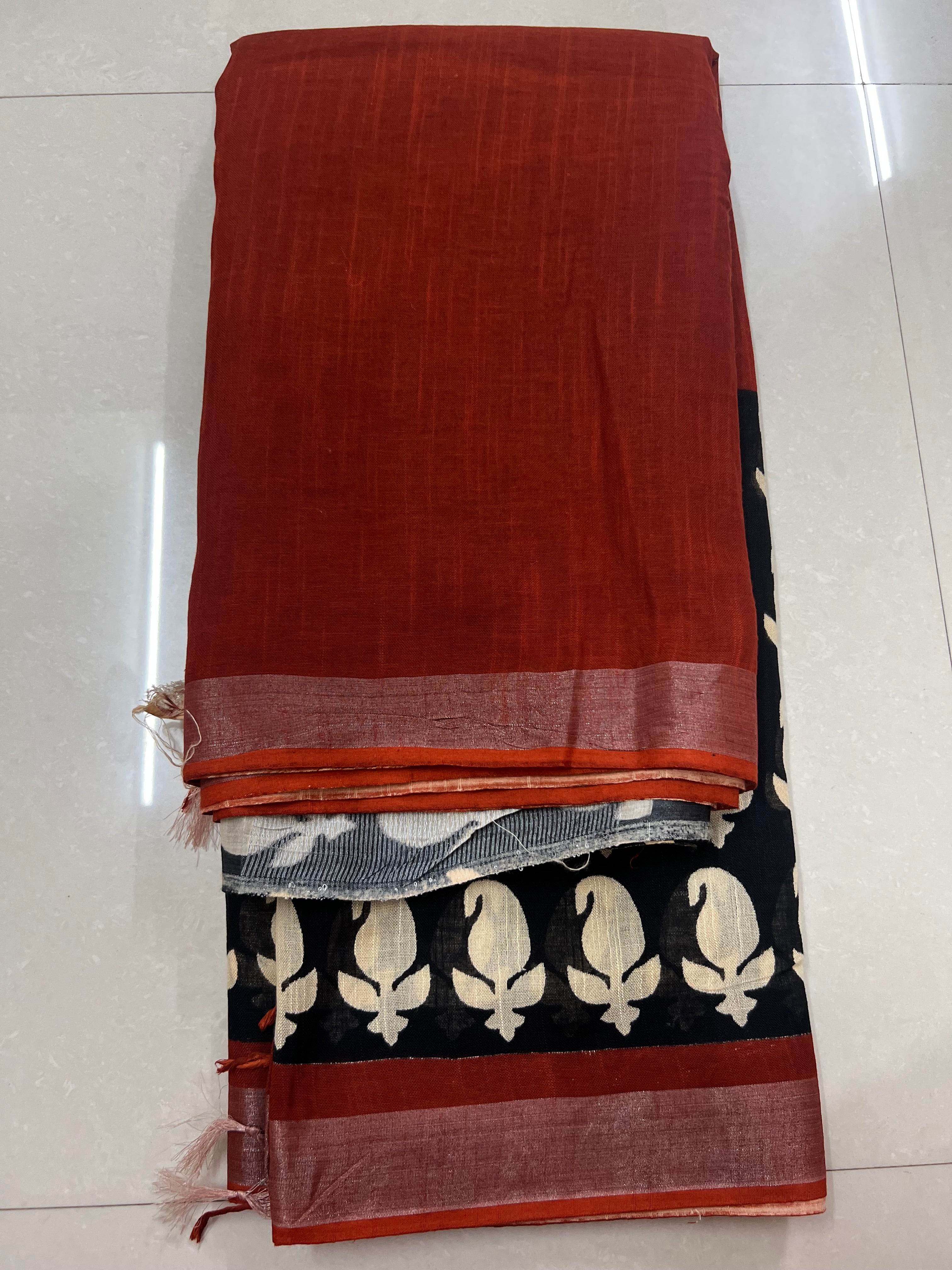 Maroon linen cotton saree