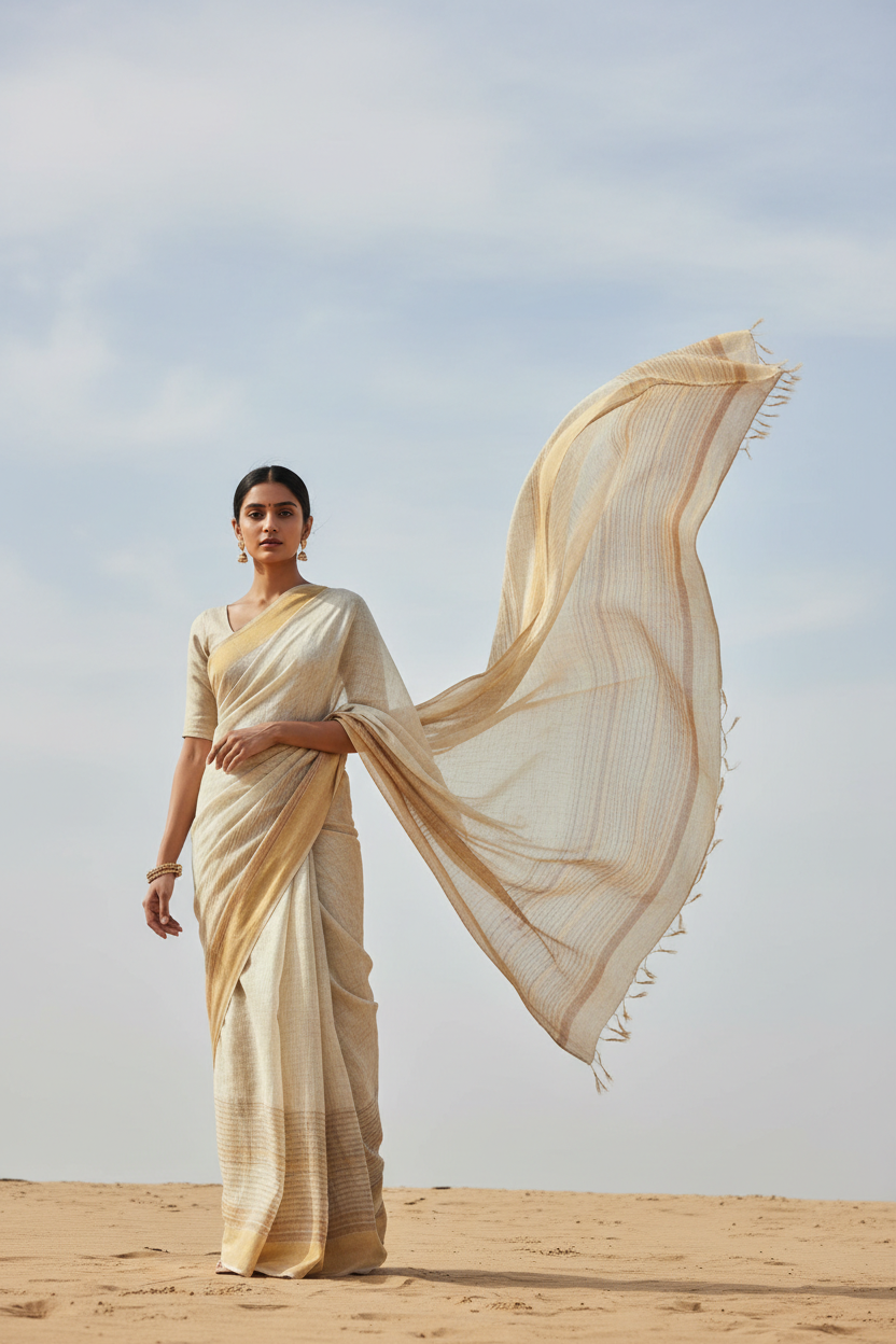 create a model wearing breathable linen cotton saree and the pallu part should be flying in the air