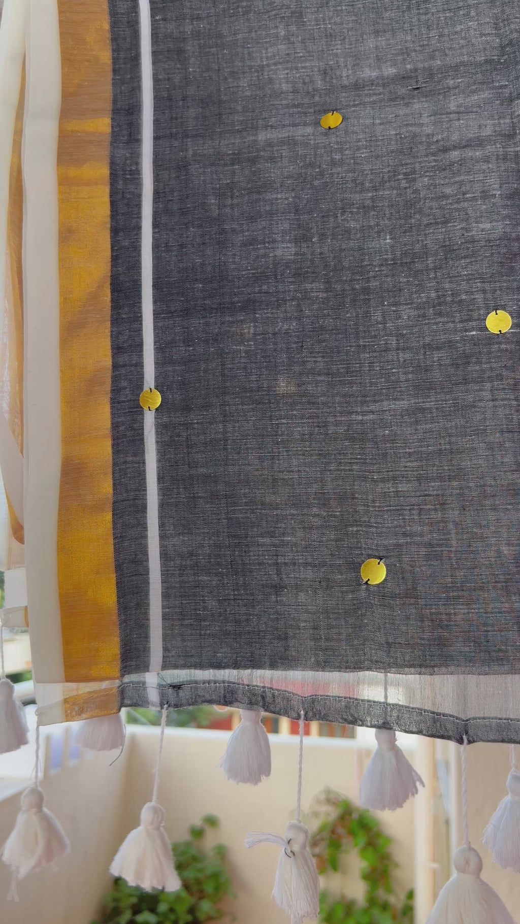 Half and half grey white ginni mul cotton saree with sequin work