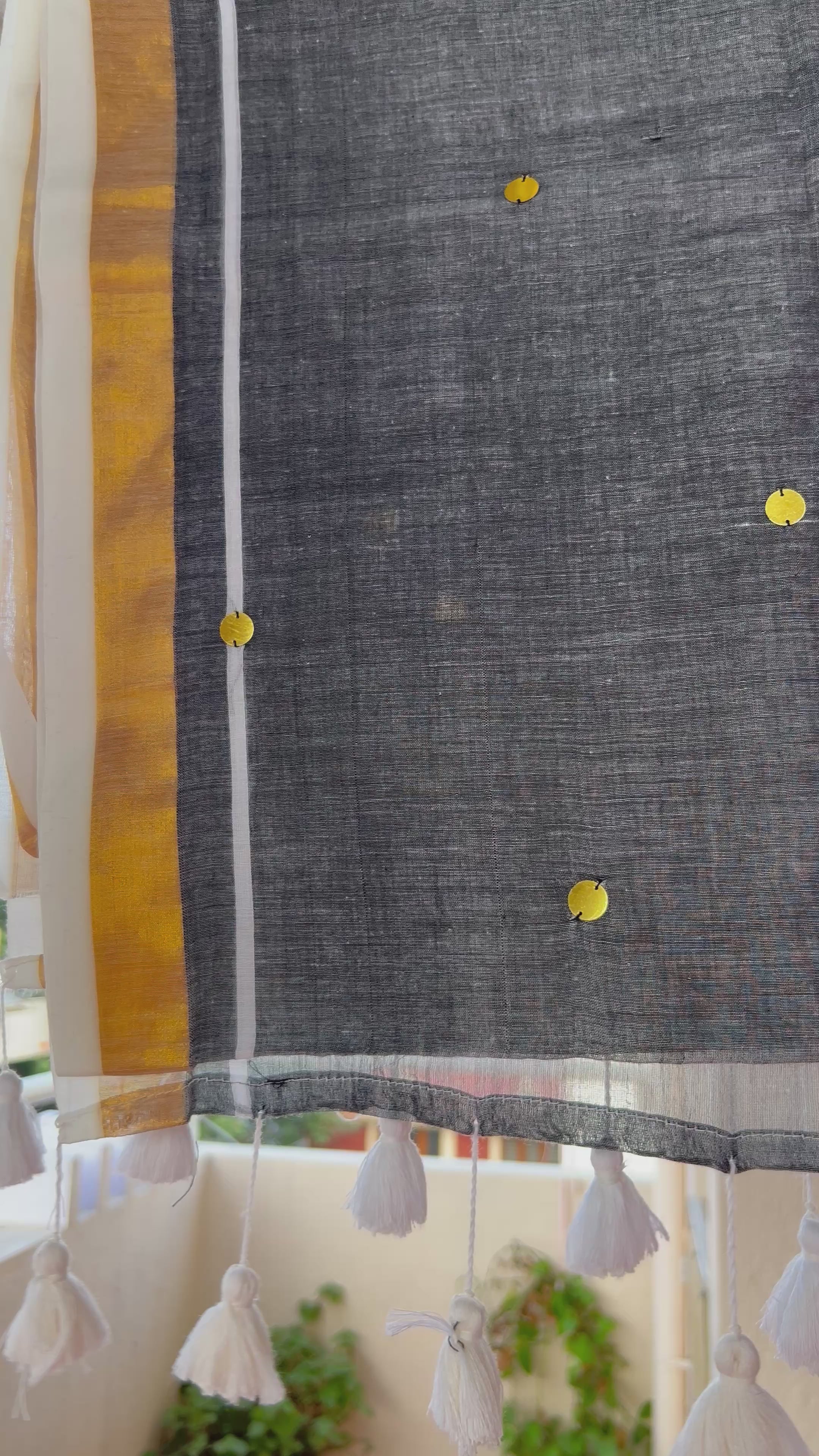 Half and half grey white ginni mul cotton saree with sequin work