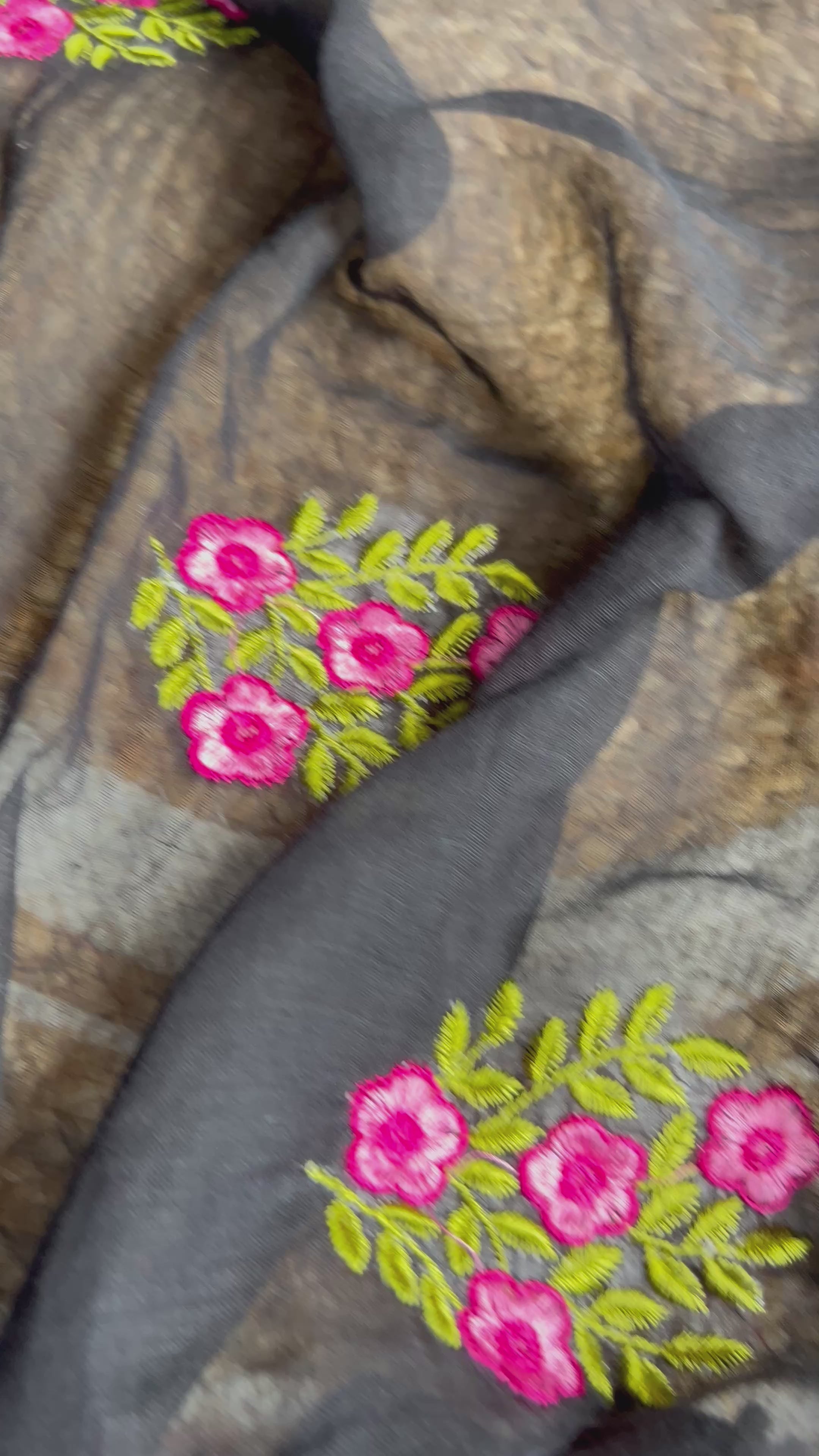 Black flower embroidered mul cotton saree