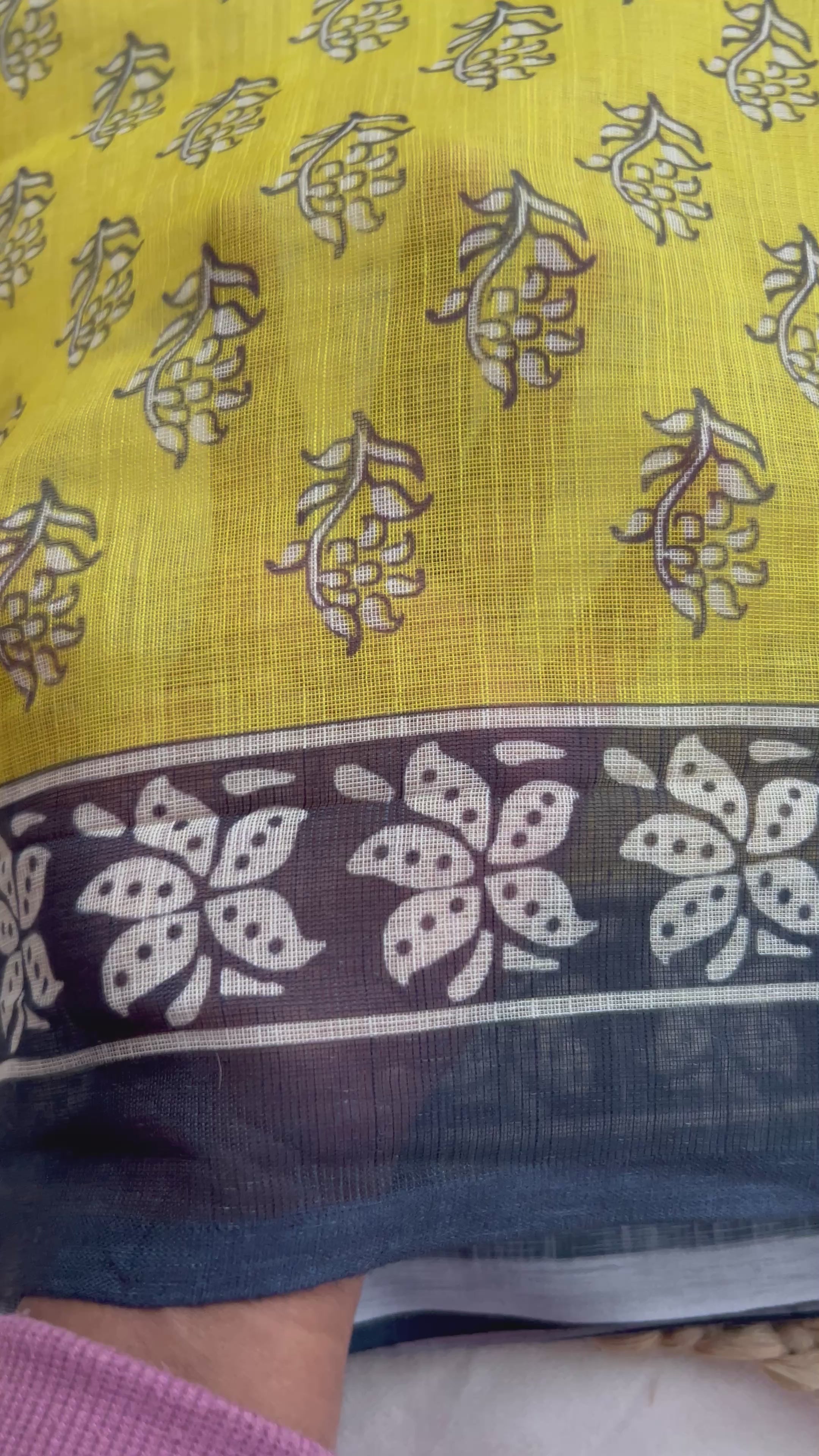Yellow flower print linen sarees
