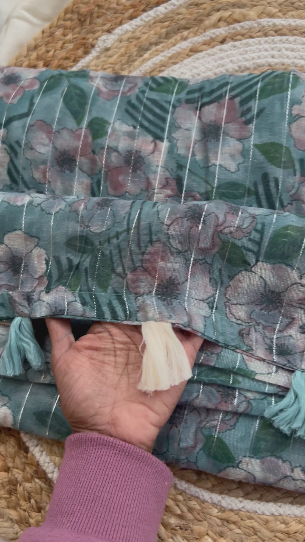 Sea green linen by cotton sarees