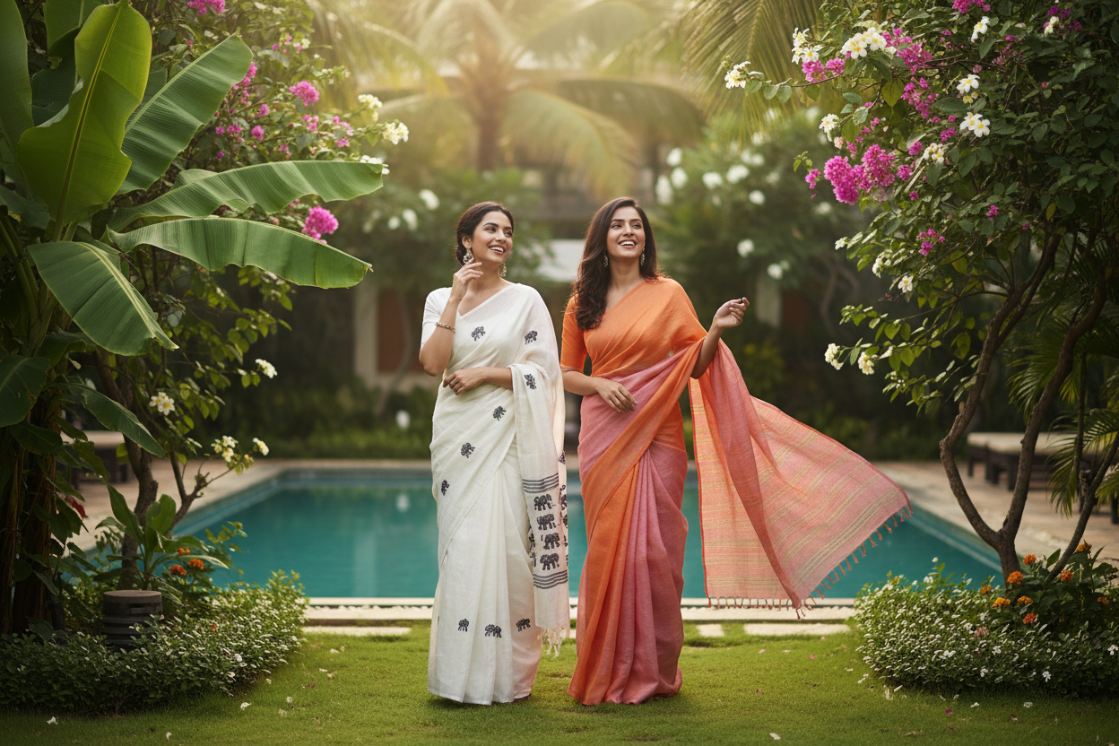 two models are enough they should smile and one should wear a paline linen white saree with black elephant motifs and the other should wear half  orange and half pink mul cotton saree